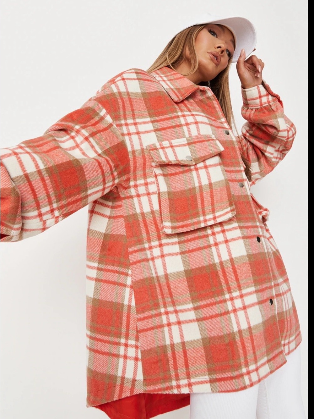 Missguided Plus Coral & Cream Plaid Oversized Utility Shacket